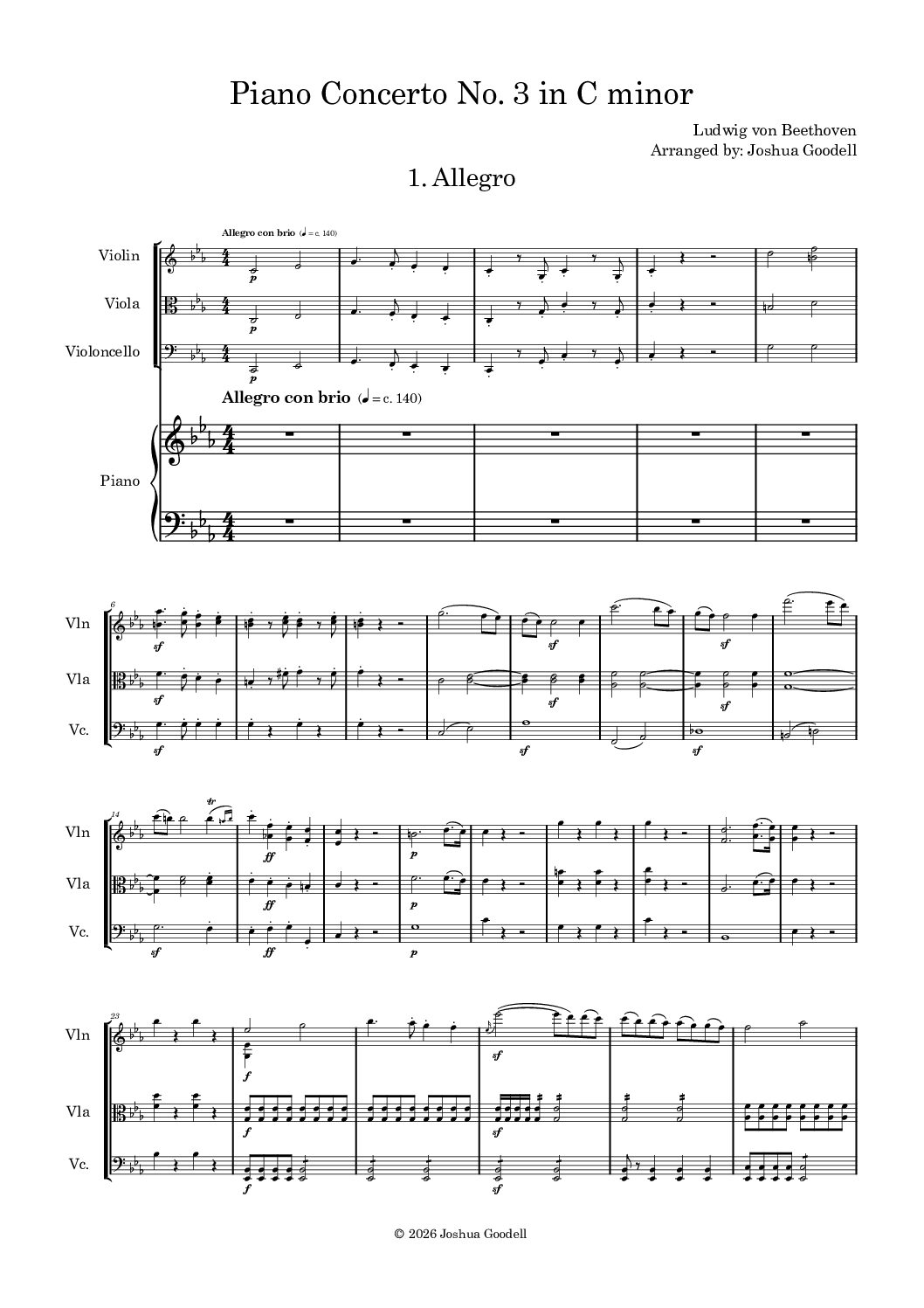 Beethoven: Piano Concerto No. 3 in C minor, Op. 37 (Arranged for Piano Quartet)
